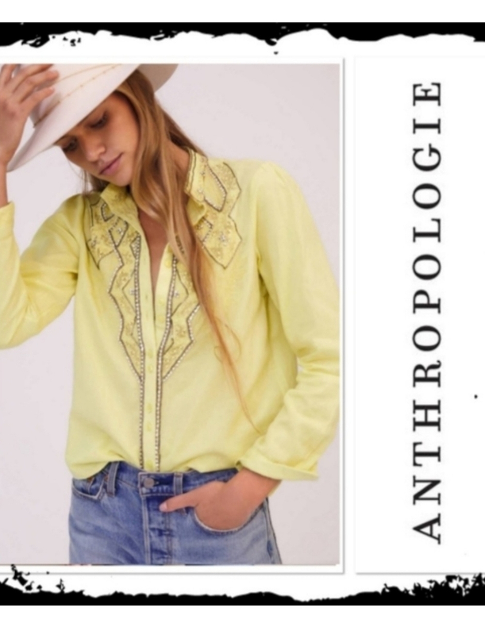 Anthropologie Pilco Nayeli Beaded Rhinestone Western Chartreuse Blouse